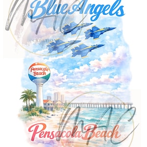 Puede incluir: Una ilustración en acuarela que muestra cuatro aviones azules y amarillos de los U.S. Navy Blue Angels sobrevolando una playa. La imagen incluye una torre de agua de Pensacola Beach, un muelle, palmeras y el texto U.S. Navy Blue Angels y Pensacola Beach.