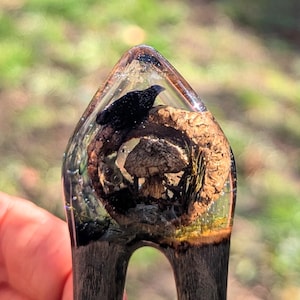 Handmade Apple Wood Hair Fork: Moss, Mushroom & Blackbird Resin Hairpin