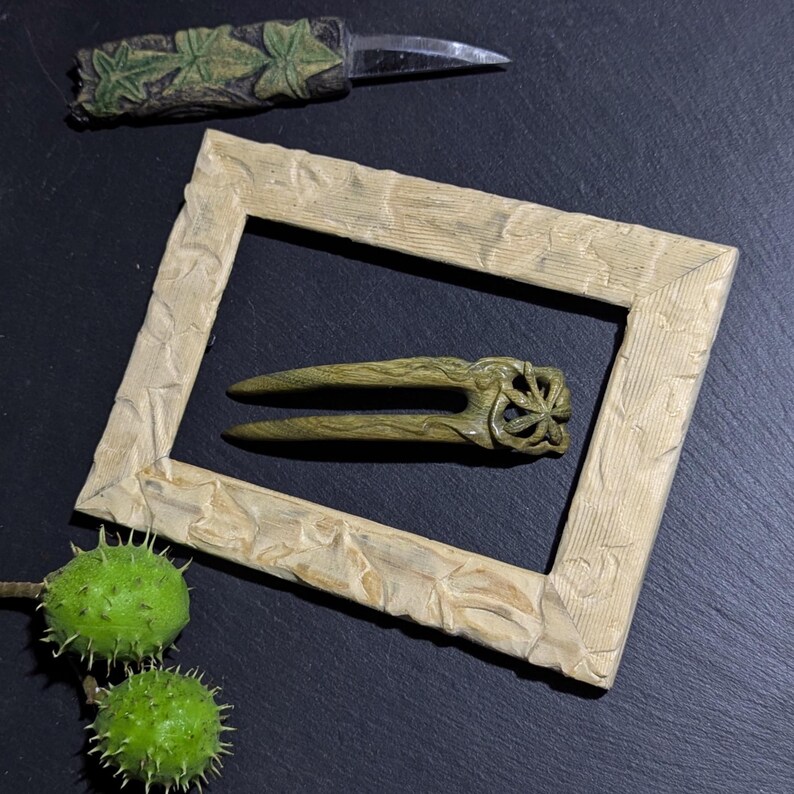 Horquilla vintage de madera de hierro: hoja de castaño tallada a mano, estilo Art Nouveau imagen 3