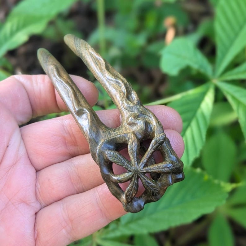 artisan hair stick, fairy hair spiral, wood carving, leaves hair piece, handmade jewelry, hair stick wood, needle botanical, leaf hairpin, wood hair fork, lignum vitae comb, verawood chestnut, art nouveau jewelry, artisan bun tool