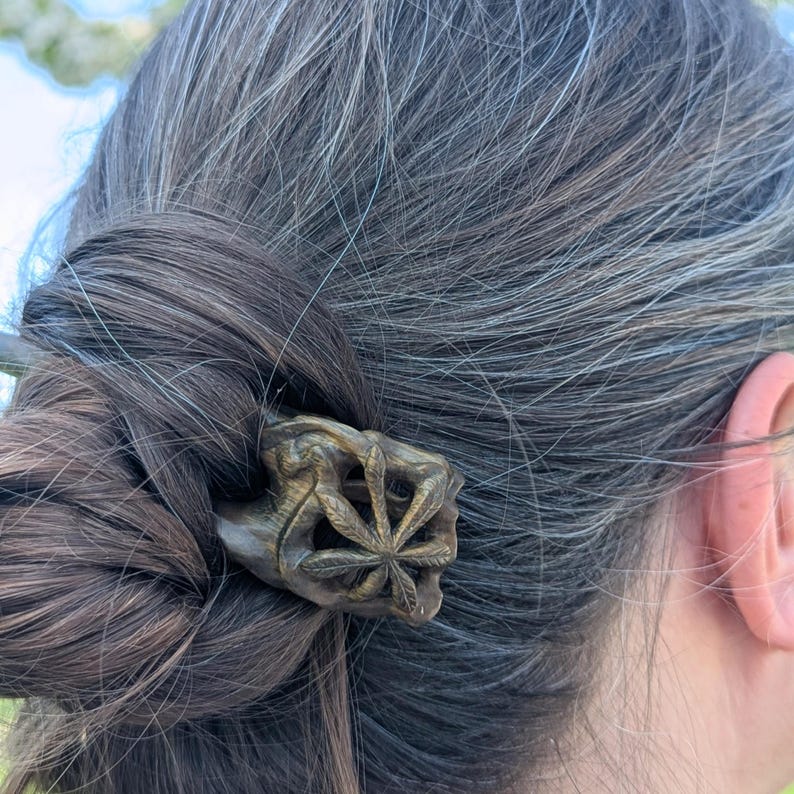 Hand-carved lignum vitae hair fork with chestnut leaf design, botanical green tone, fine hair accessory, verawood, bun with hair fork, fine hair
