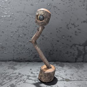 Könnte beinhalten: Eine skurrile Holzskulptur mit einem geschnitzten Auge, das in einem kleinen, strukturierten Holzkopf eingesetzt ist. Der Kopf ist an einem schlanken, gebogenen Ast befestigt, der auf einem kleinen, runden Holzsockel montiert ist. Die Skulptur hat eine natürliche braune Farbe.