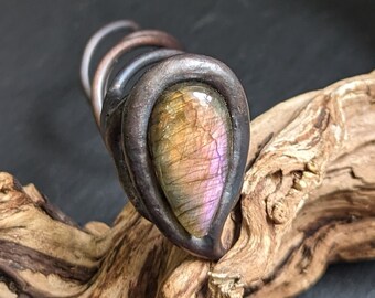 big raw copper Helix hair fork labradorite gem handmade one of a kind, custom size, black metal twist, hairsnake spin pin, hair screw