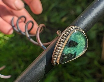 big raw copper Helix hair fork green jade gem handmade one of a kind, custom size, black metal twist, hairsnake spin pin, hair screw