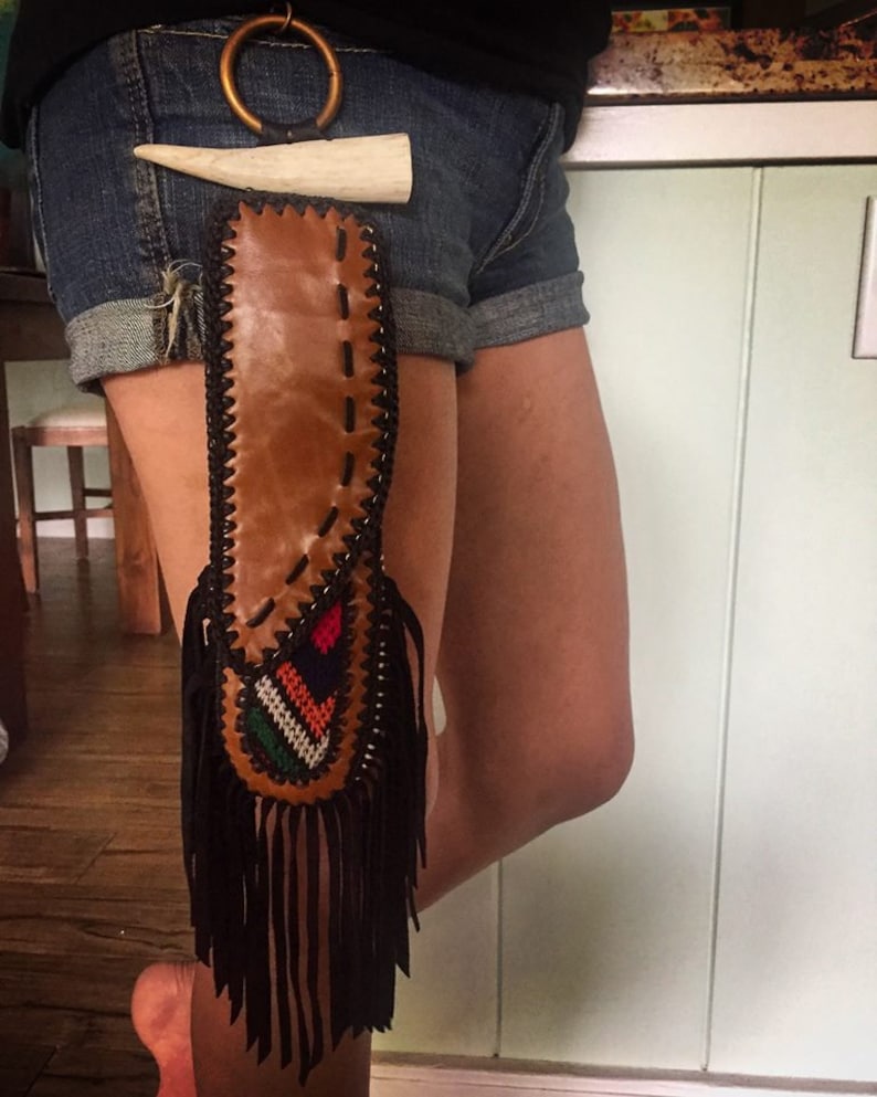 Cutlery Included-Festival WearRajasthani FabricLeather Fringe PouchHolder Scrap LeatherRecycled Fabric Reusable Cutleryknife sheath