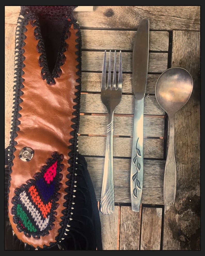 Cutlery Included-Festival WearRajasthani FabricLeather Fringe PouchHolder Scrap LeatherRecycled Fabric Reusable Cutleryknife sheath