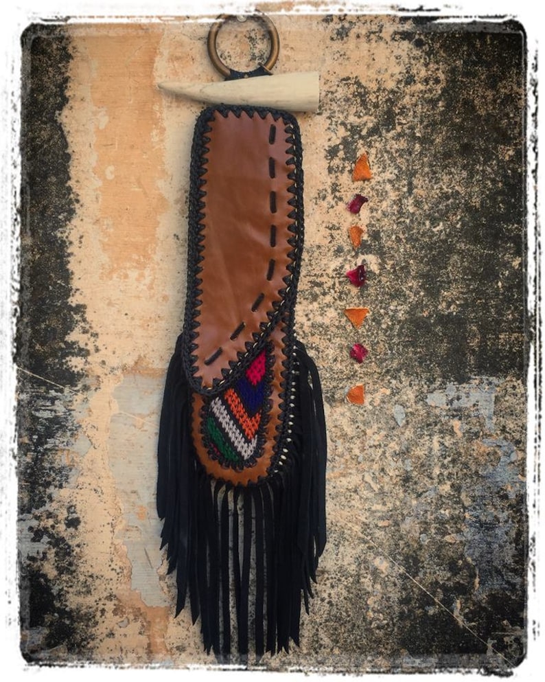 Cutlery Included-Festival WearRajasthani FabricLeather Fringe PouchHolder Scrap LeatherRecycled Fabric Reusable Cutleryknife sheath