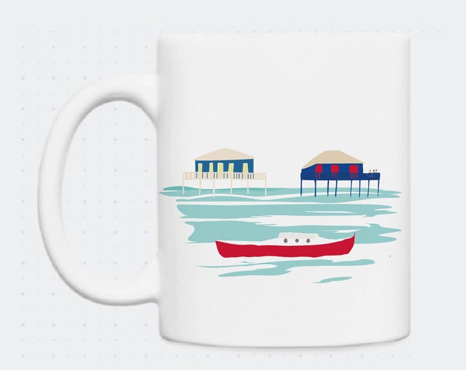 Mug Bird Island Cabins on Stilts illustrated by Didouch