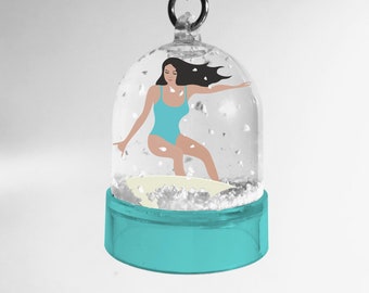 Double-sided snowball keychain of the blonde or brown surfer of didouch