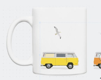 Mug van at the beach yellow turquoise orange seagulls illustrated by didouch