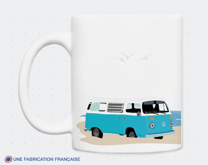 Mug van at yellow and blue beach illustrated by didouch