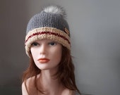 Hat adult wool socks, stockings adult knit hat, knitted, grey faux fur Pompom hand