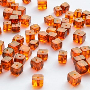 Baltic Amber Beads CUBE Style Polished Stone Gemstone, 5-6 mm size, Cognac