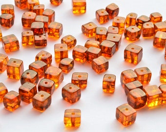Baltic Amber Beads CUBE Style Polished Stone Gemstone, 5-6 mm size, Cognac