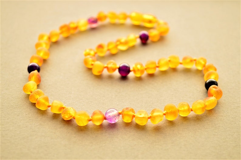Amber Teething Necklace with Agate 28-40 Cm Purple Agate Baby Raw Amber Necklace Honey