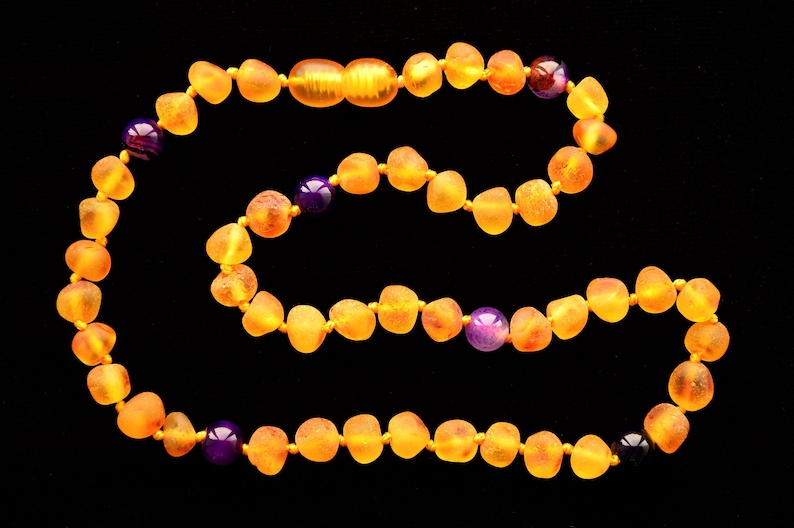 Amber Teething Necklace with Agate 28-40 Cm Purple Agate Baby Raw Amber Necklace Honey