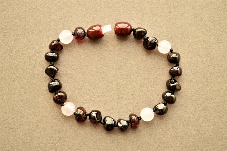 Cherry Amber Anklet Baby Pink Safe Knotted Baltic Amber Bracelet for Baby Amber Teething Baby Bracelet With Rose Quartz
