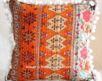 Decorative Indian Pom Pom Lace 16" X 16" Hand Kantha Stitched Pillow Case Gypsy Bohemian Cushion Cover Handmade Room Decor Sofa Case Art @2