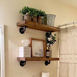One Farmhouse Floating Shelf Two Angled Pipe Brackets, Kitchen and Bathroom Wall Shelf, Nursery or Coffee Bar Shelf, Handcrafted in TX