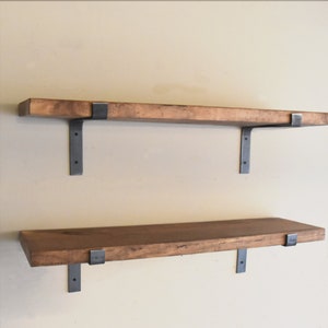 Rustic Heavy Duty Solid Pine Wood Floating shelves with Robust Flat Iron L Shaped Brackets.  Great for Bookcases, Laundry Room Storage, Kitchens, Study, anywhere you need polished farmhouse and industrial storage and organization.