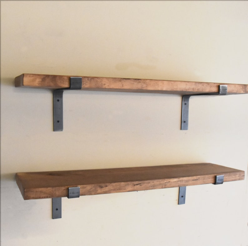 Rustic Heavy Duty Solid Pine Wood Floating shelves with Robust Flat Iron L Shaped Brackets.  Great for Bookcases, Laundry Room Storage, Kitchens, Study, anywhere you need polished farmhouse and industrial storage and organization.