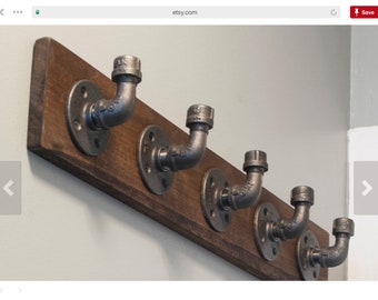Industrial Pipe Coat Hook on Back Board, Bathroom Coat Rack, Iron Pipe Coat Grab, Towel Hooks on Rustic Wood, Bathroom Hooks