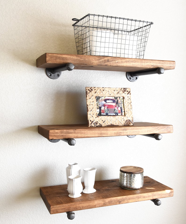 Many Sizes Industrial Floating Shelf, Rustic Shelves, Wood Farmhouse Decor Kitchen and Bathroom Shelving, Modern Wall Shelf, Wall storage image 3