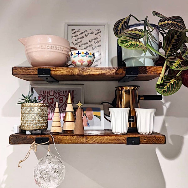 HEAVY DUTY Rustic Wooden Shelf with ROBUST J Shaped Bracket, Ideal for Farmhouse Kitchens, Bathrooms, Laundry Room, Plant Storage Shelving