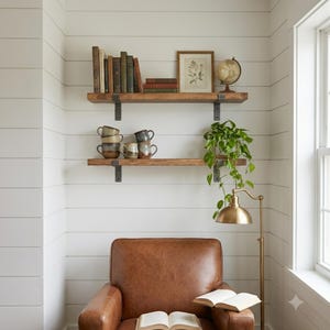Solid Pine Floating Shelf: Heavy Duty Steel Brackets, Modern Plant Display