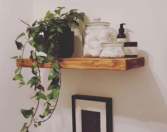 May include: A wooden shelf displays a potted plant with trailing green leaves, glass jars filled with cotton balls and swabs, and a dark bottle and jar. A framed black and white artwork hangs below the shelf, all against a white wall.