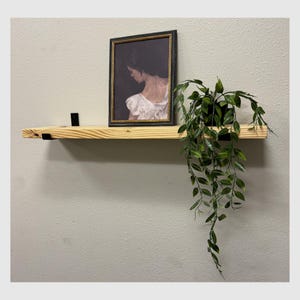 May include: A wooden shelf with a framed portrait and a potted plant. The portrait features a woman in a white dress. The plant has long, green, trailing leaves. The shelf is supported by black metal brackets.