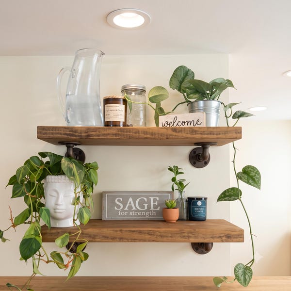 Handcrafted Rustic Floating Shelf | Solid Wood Wall Decor with Two Angled Brackets