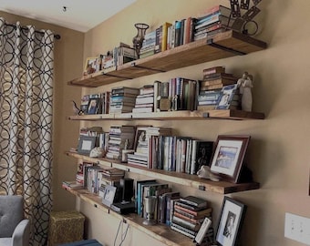 Farmhouse Bookshelf Shelf: Solid Pine Floating Shelf with Heavy Duty J Brackets