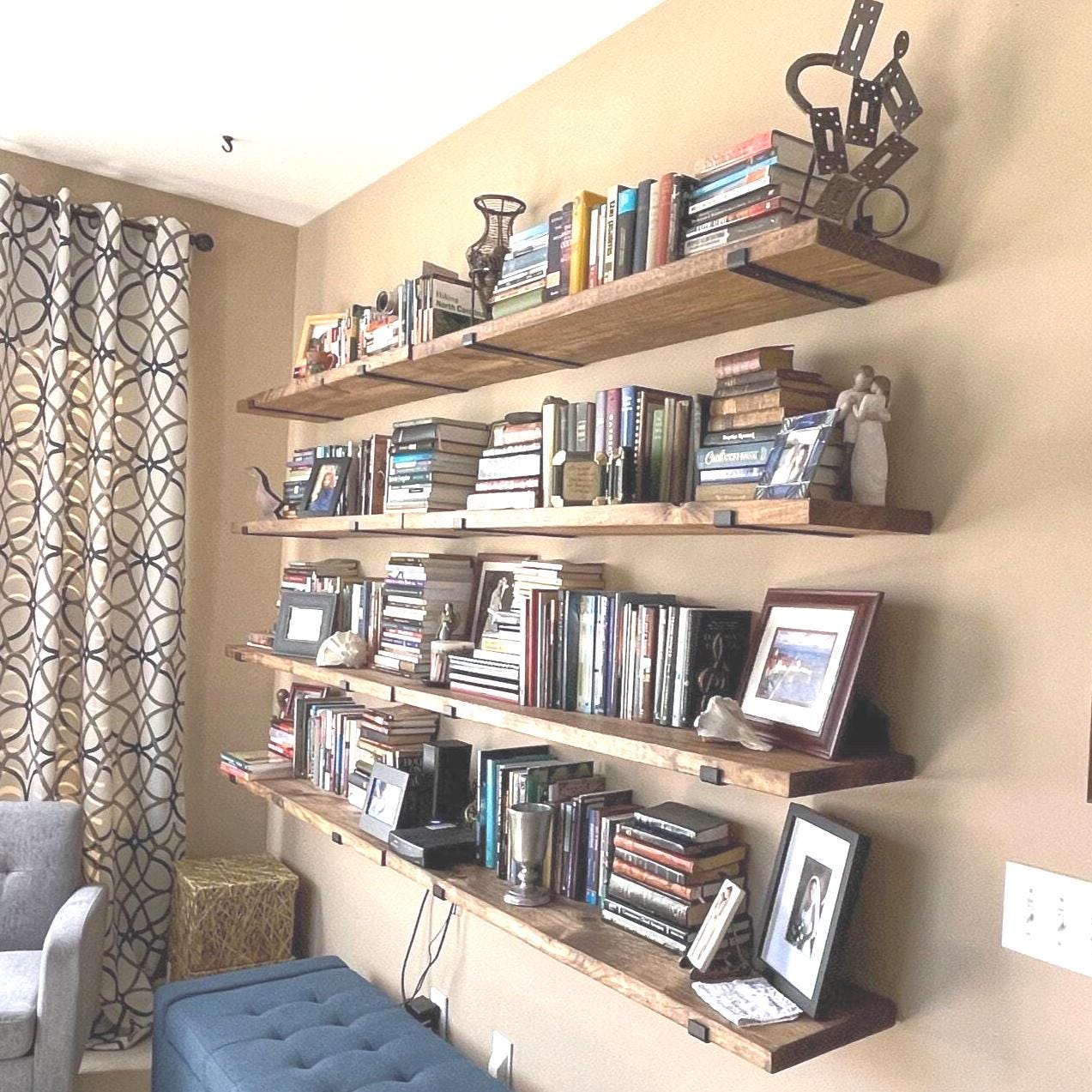Farmhouse Heavy Duty Floating Shelf, J Bracket Bookcase Shelf, Modern Blacksmith Farmhouse Shelf, Sold as one shelf and two brackets.