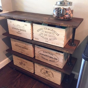 Farmhouse Four Shelf Rolling Cart, Rustic Wood Shelving Unit, Kitchen and Pantry Storage, Bar cart or Bookcase (Crates are not included)