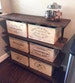 Farmhouse Four Shelf Rolling Cart, Rustic Wood Shelving Unit, Kitchen and Pantry Storage, Bar cart or Bookcase (Crates are not included) 