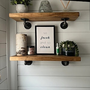 One Rustic Farmhouse Floating Shelf, Rustic Shelf, Angled Pipe Bracket Shelf, Kitchen and Bathroom Wall Shelf, Nursery or Coffee Bar Shelf image 2