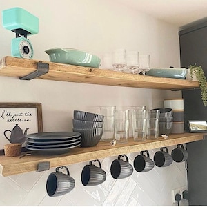 Custom shelf (One Shelf) with J Brackets (2 ea), Modern Farmhouse Shelf, Coffee bar display, Bookcase, Kitchen and Bathroom Wood shelf