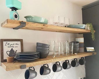 Custom shelf (One Shelf) with J Brackets (2 ea), Modern Farmhouse Shelf, Coffee bar display, Bookcase, Kitchen and Bathroom Wood shelf