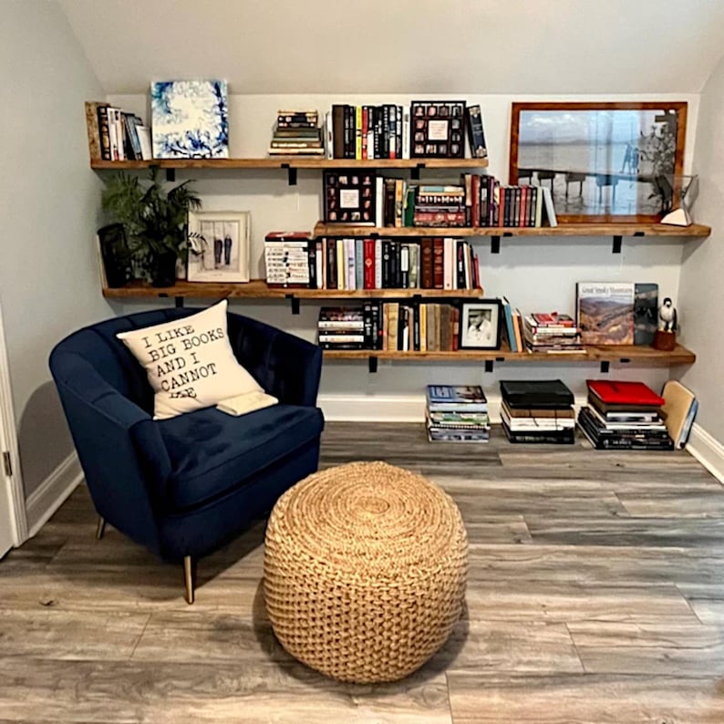 Estante flotante de pino macizo: soportes de acero resistentes, decoración rústica moderna imagen 9