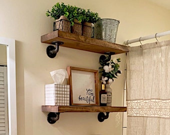 One Rustic Farmhouse Floating Shelf, Rustic Shelf, Angled Pipe Bracket Shelf, Kitchen and Bathroom Wall Shelf, Nursery or Coffee Bar Shelf