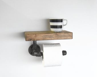 Rustic Industrial Pipe Toilet Paper Holder with Shelf