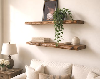 Rustic Live Edge Wood Floating Shelf: Modern Organic Plank