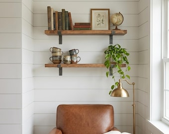 Industrial Floating Shelf: Farmhouse Rustic Solid Pinewood with Heavy Duty Steel L Brackets