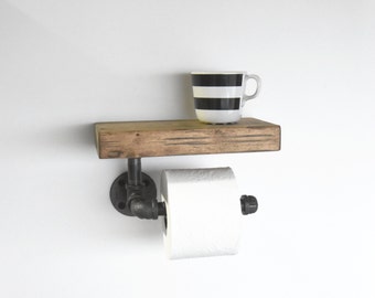 Industrial Pipe Toilet Paper Holder with Rustic Shelf, Bathroom Tissue Dispenser, Iron Pipe TP Holder