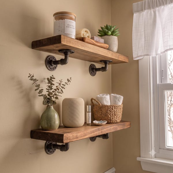 Handcrafted Rustic Floating Shelf | Solid Wood Wall Decor with Two Angled Brackets