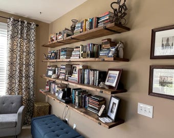 Farmhouse Bookshelf Shelf: Solid Pine Floating Shelf with Heavy Duty J Brackets