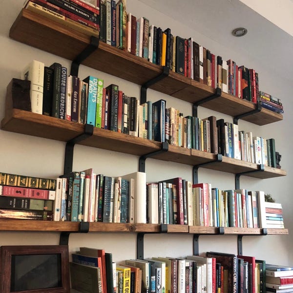 Farmhouse Floating Book Shelf: Solid Pine Wood & Heavy Duty Steel Brackets - Handmade in Texas