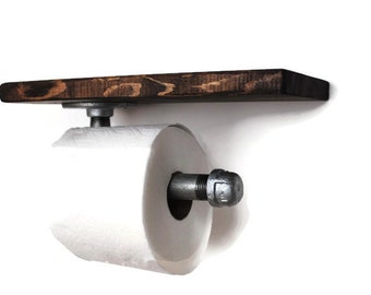 Industrial Galvanized Pipe Toilet Paper Holder with Walnut Stained Rustic Shelf, Bathroom Tissue Dispenser, Iron Pipe TP Holder