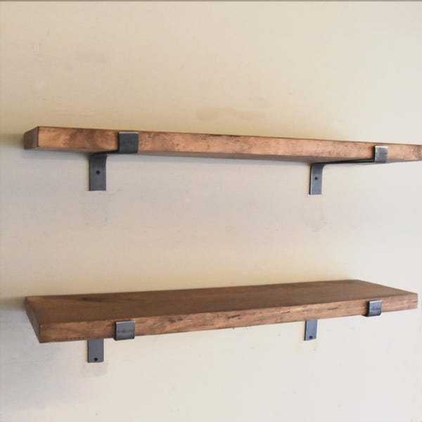 One Farmhouse Floating Shelf: Solid Pine Wood with Two Industrial L Brackets